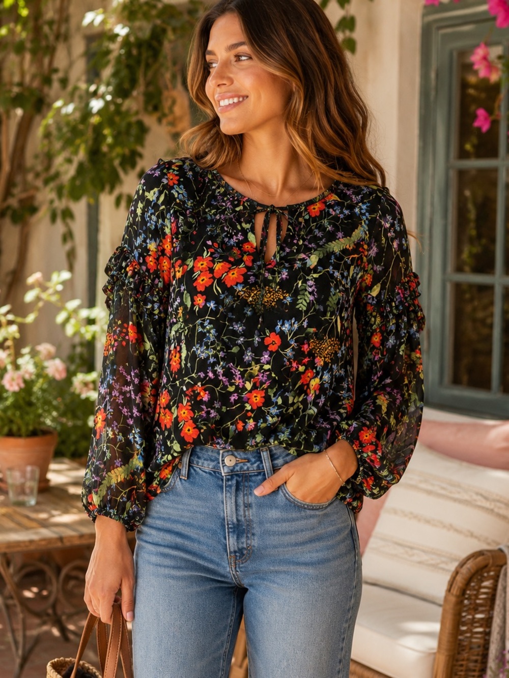 Anthropologie Maeve Jacquin Peasant Blouse Floral Ruffle Sleeve Sheer Size Large